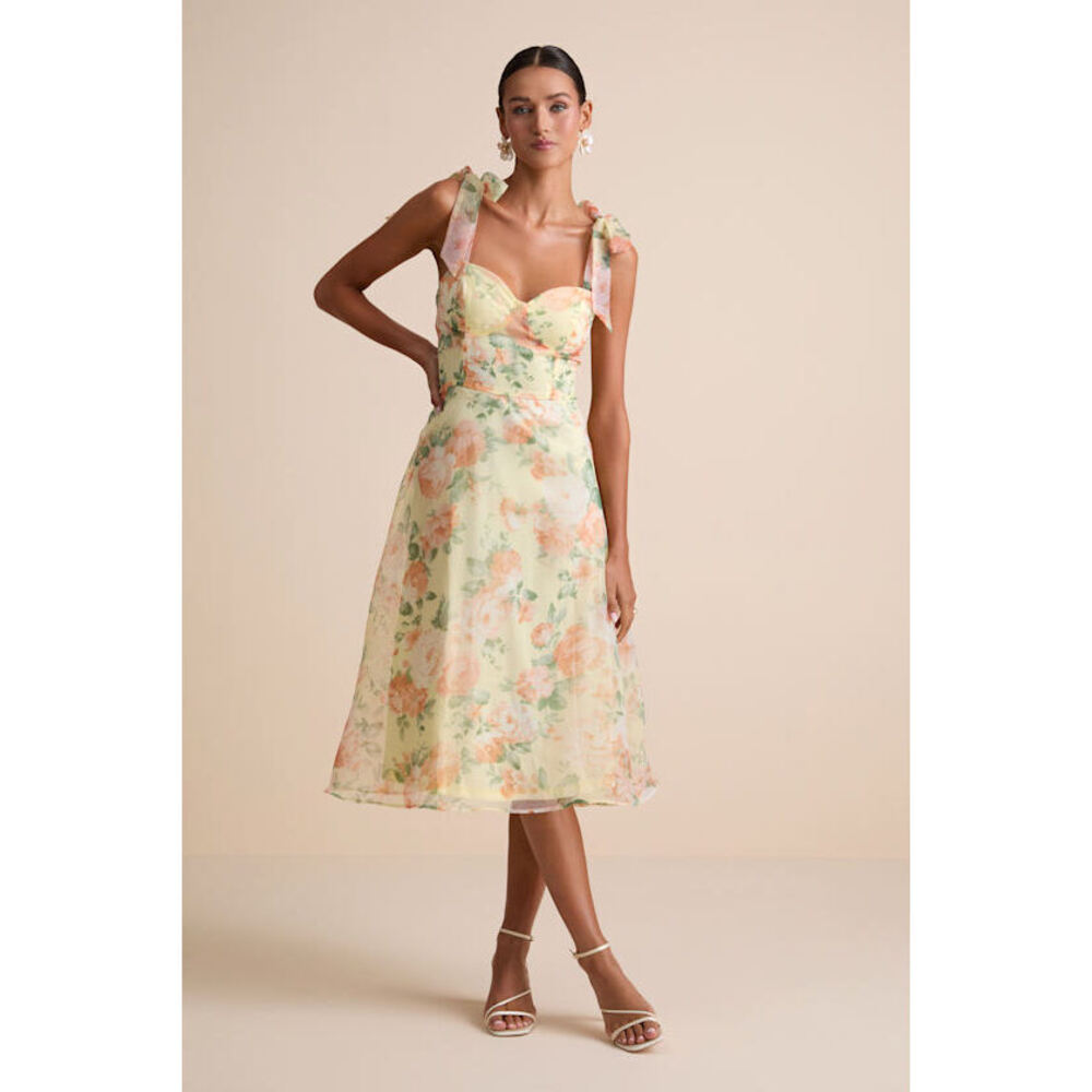 Lulus Olesya Light Yellow Floral Tie-strap Midi Dress - Size M